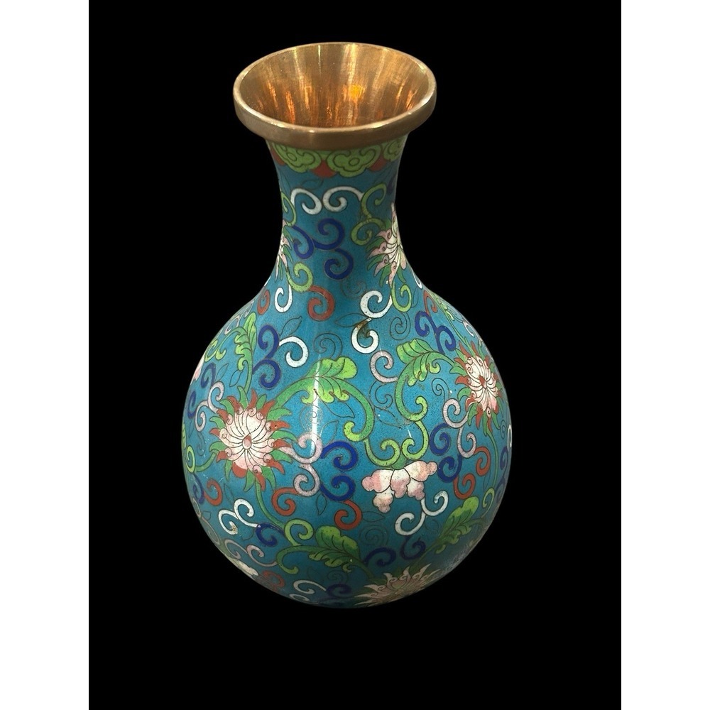 Vintage Chinese Cloisonné Vase 8" Blue Flowers Brass Enamel Design - Picture 8 of 10